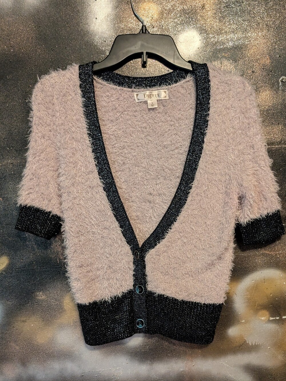 Decree Lavender Fuzzy V-Neck Cardigan with Black Trim